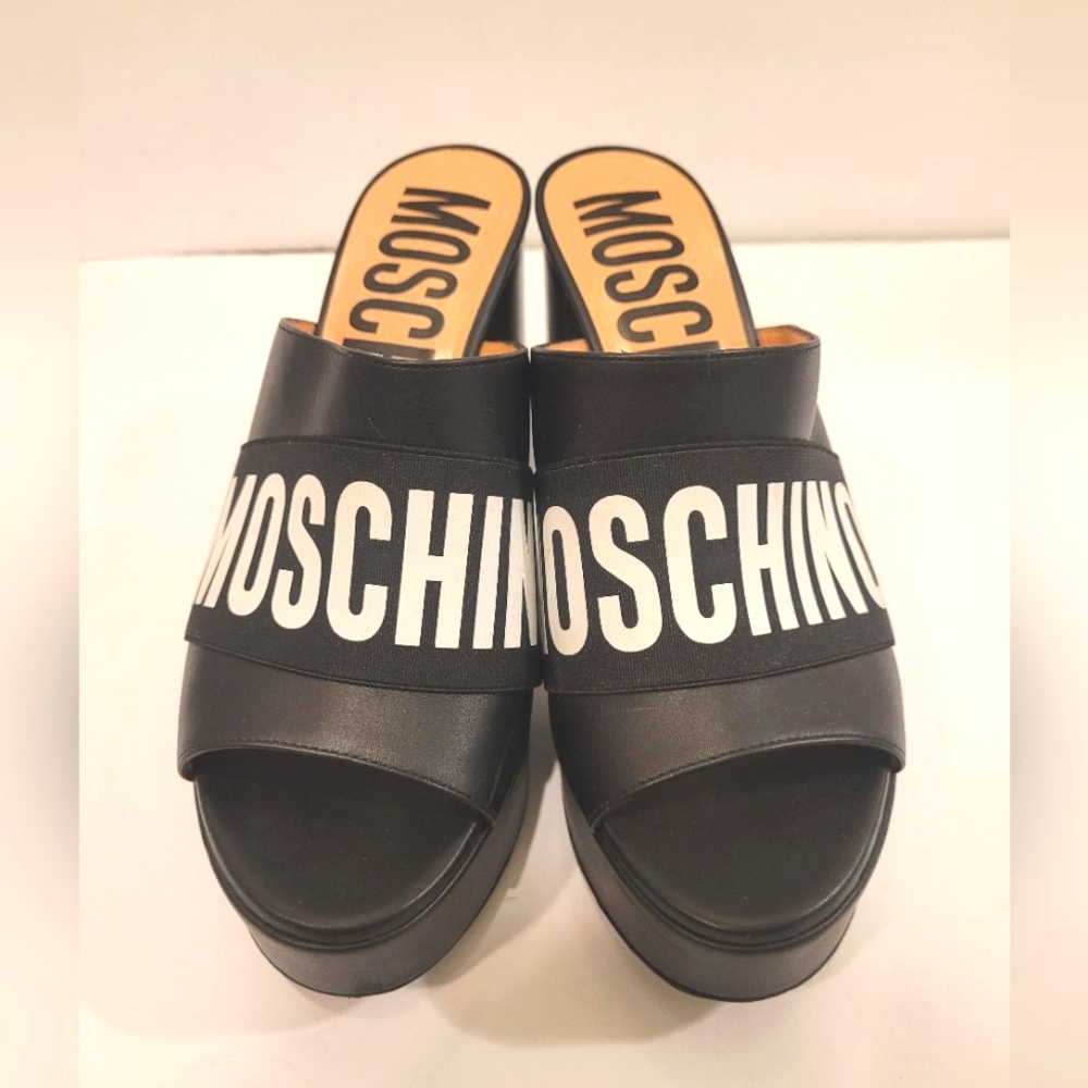 Moschino open toe platform mule pumps, size IT36, black, US 4.5